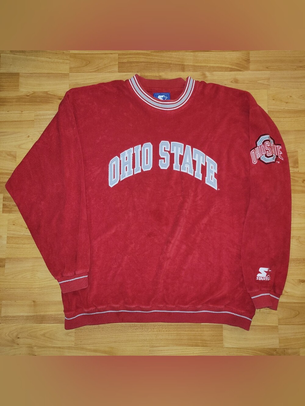 Vintage Starter XL Extra Large Red NCAA Ohio State Velour Crewneck Sweatshirt